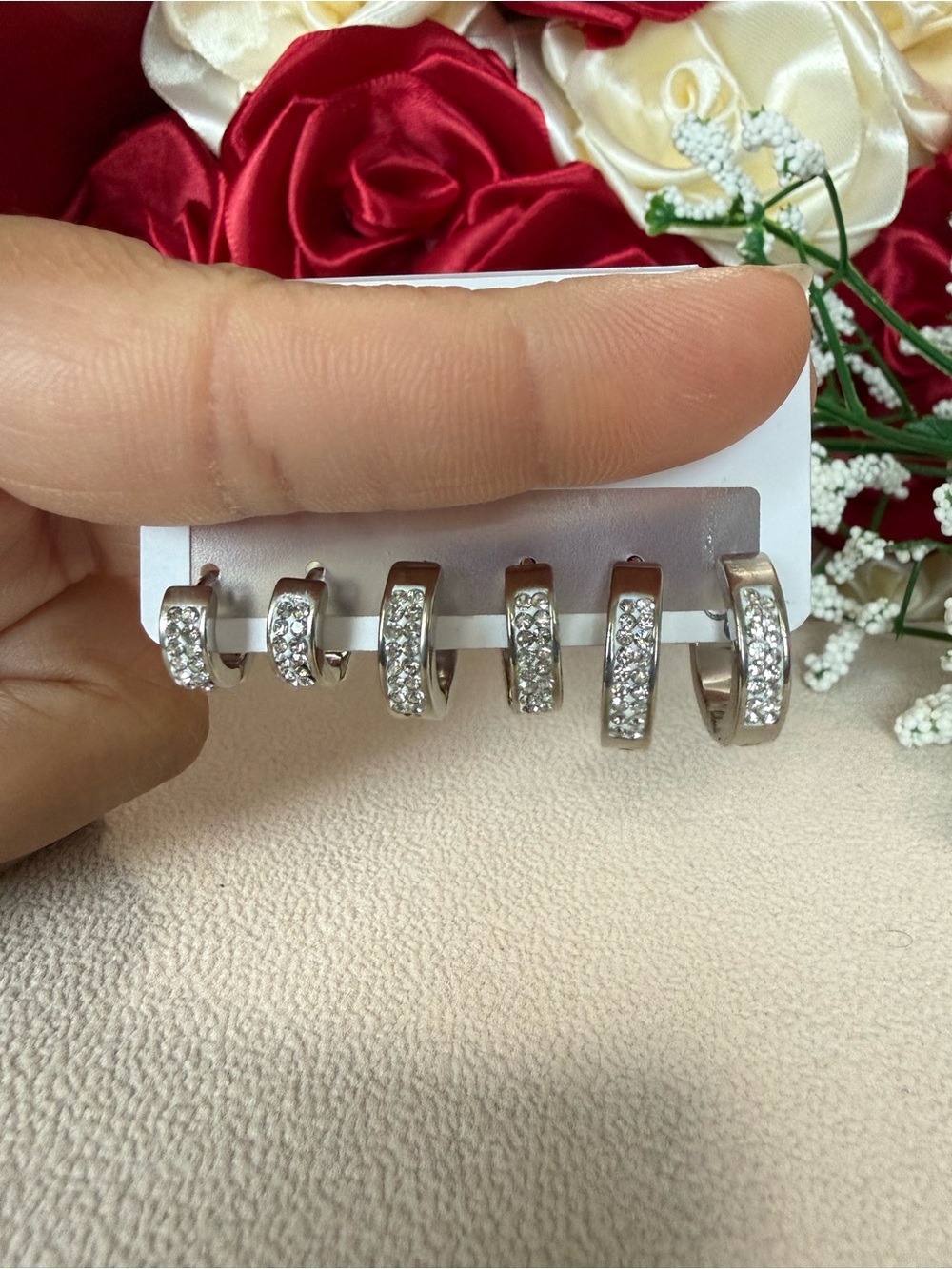 Premium stainless steel Pavé Hoop Earrings Set - Silver Tone set of 3